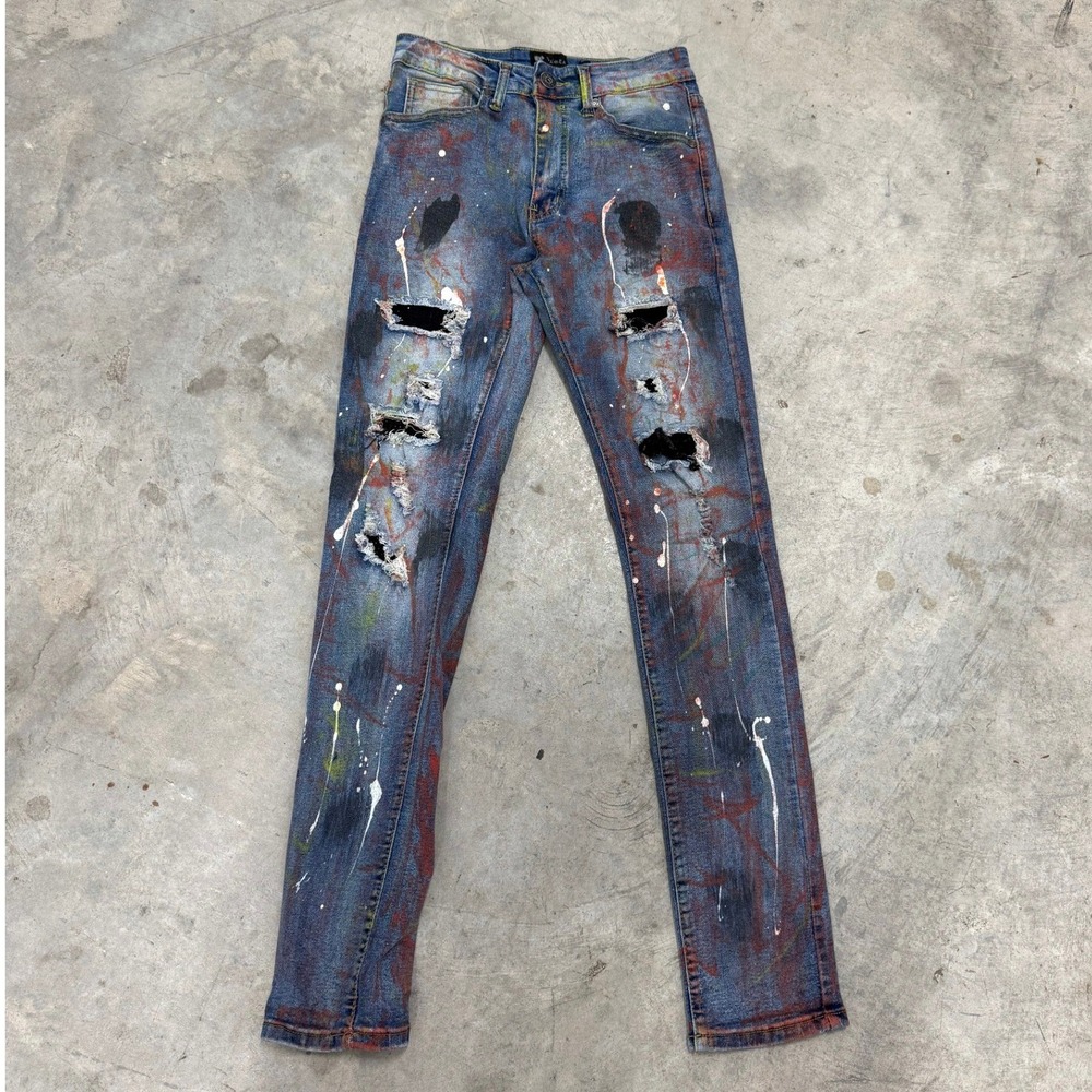 Waimea Blue Paint Splatter Distressed Skinny Jeans Mens 30x32 Streetwear